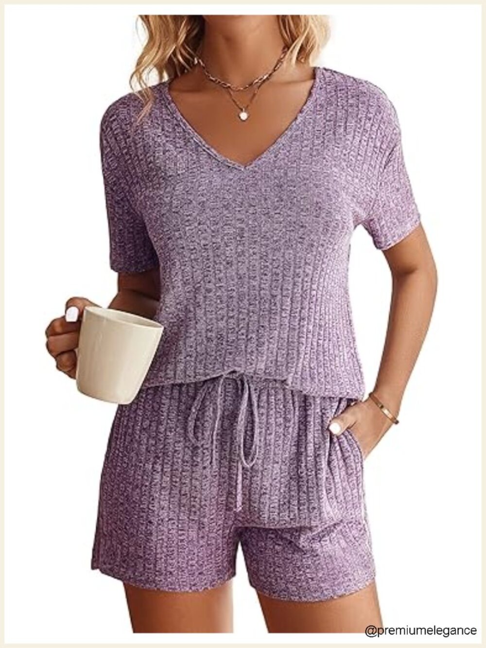 Ribbed Knit Lounge Set Short Sleeve Top and Shorts Sleepwear Pajama Set Two